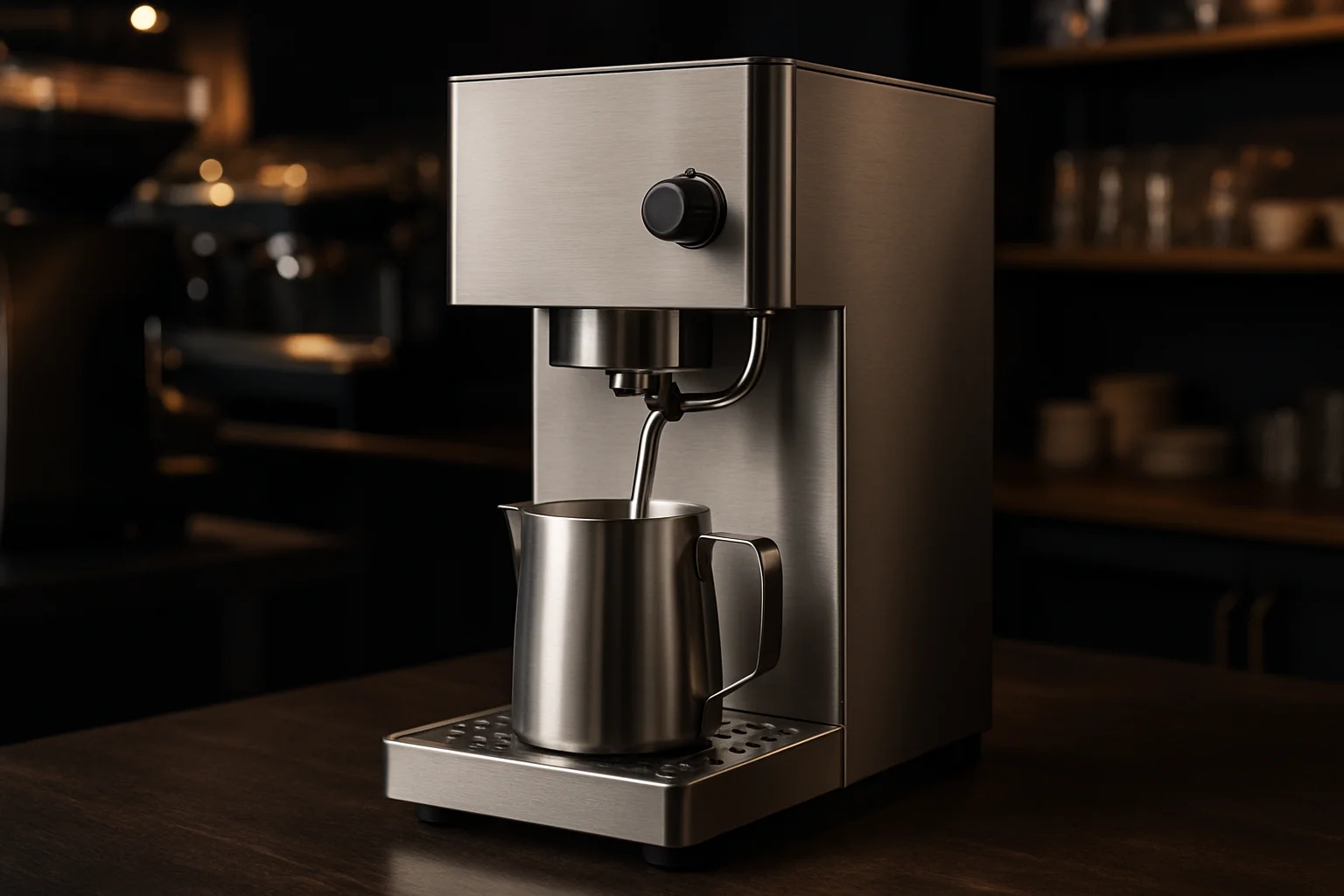 Gewerblicher Milchaufschäumer mit Milchkännchen auf Theke