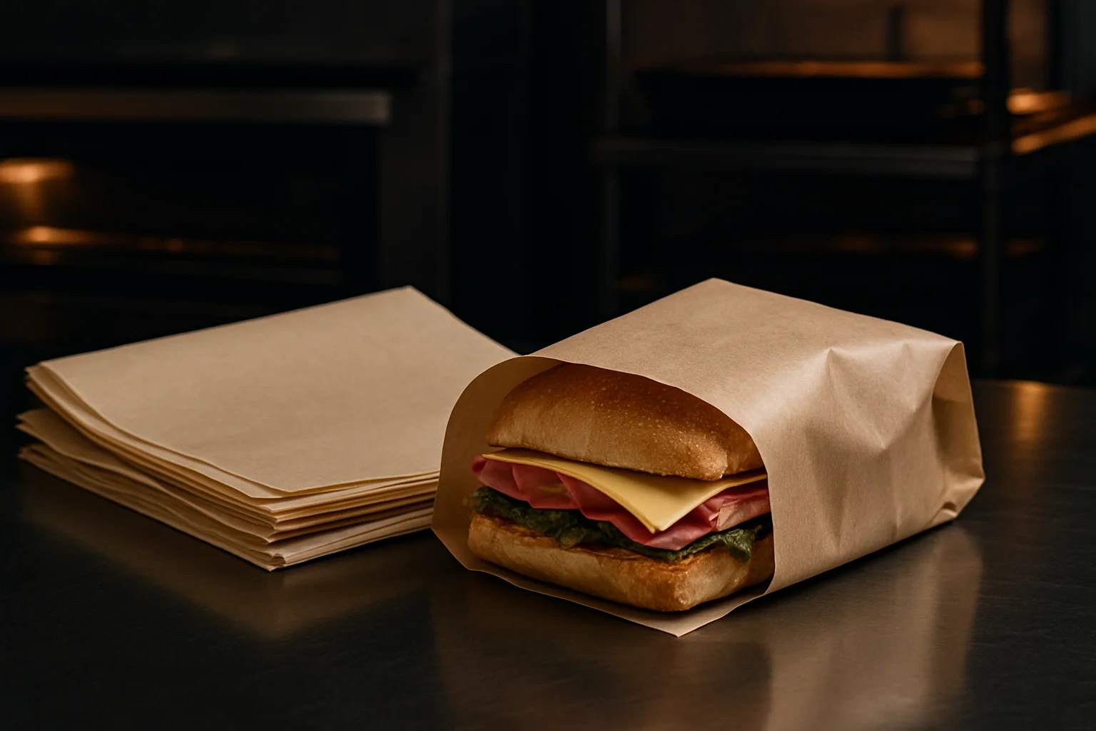 Einschlagpapier um Gebäck gelegt auf Tablett in Bäckerei