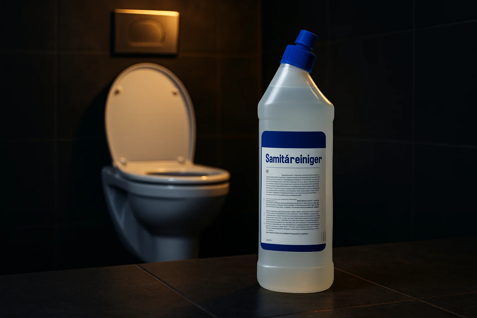 Sanitärreiniger Flasche vor gewerblicher Toilette