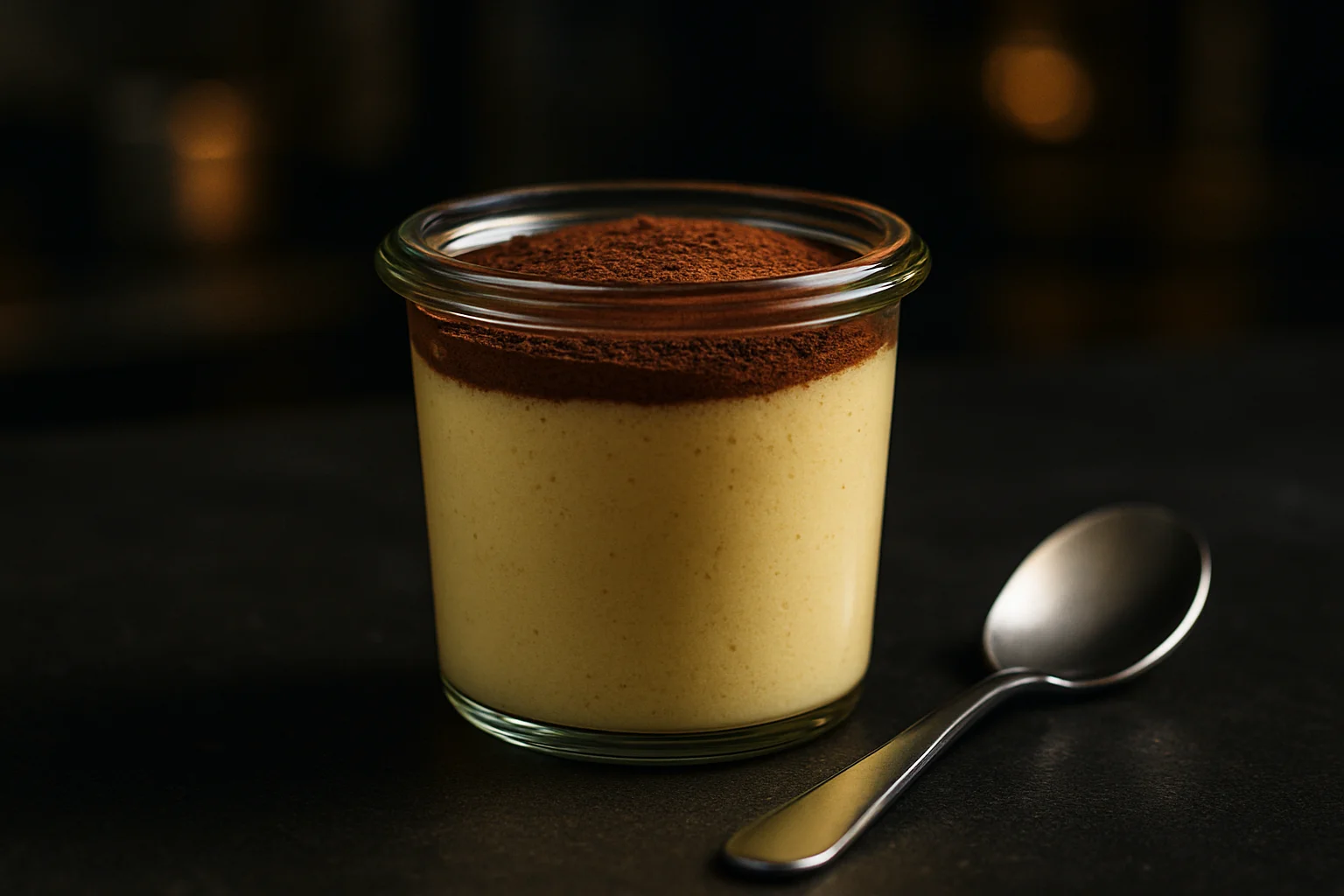 Mini-Sturzglas mit Dessert und Löffel als Größenvergleich