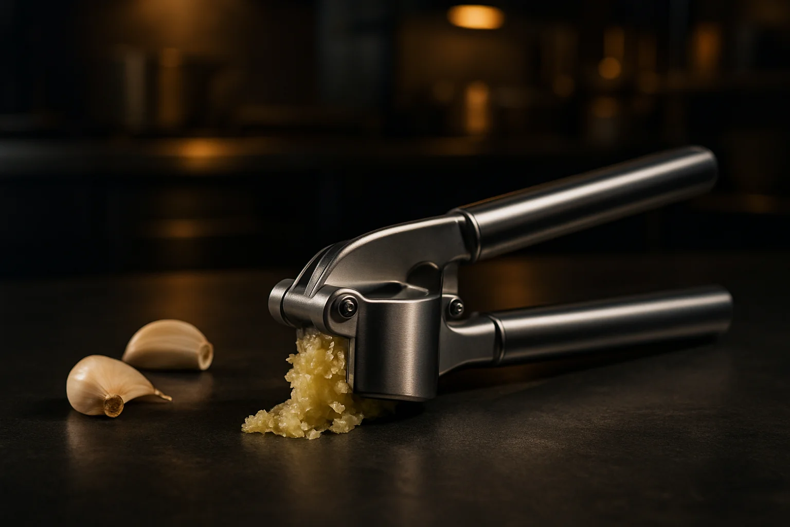 Edelstahl Knoblauchpresse in professioneller Kuche mit Knoblauchzehen