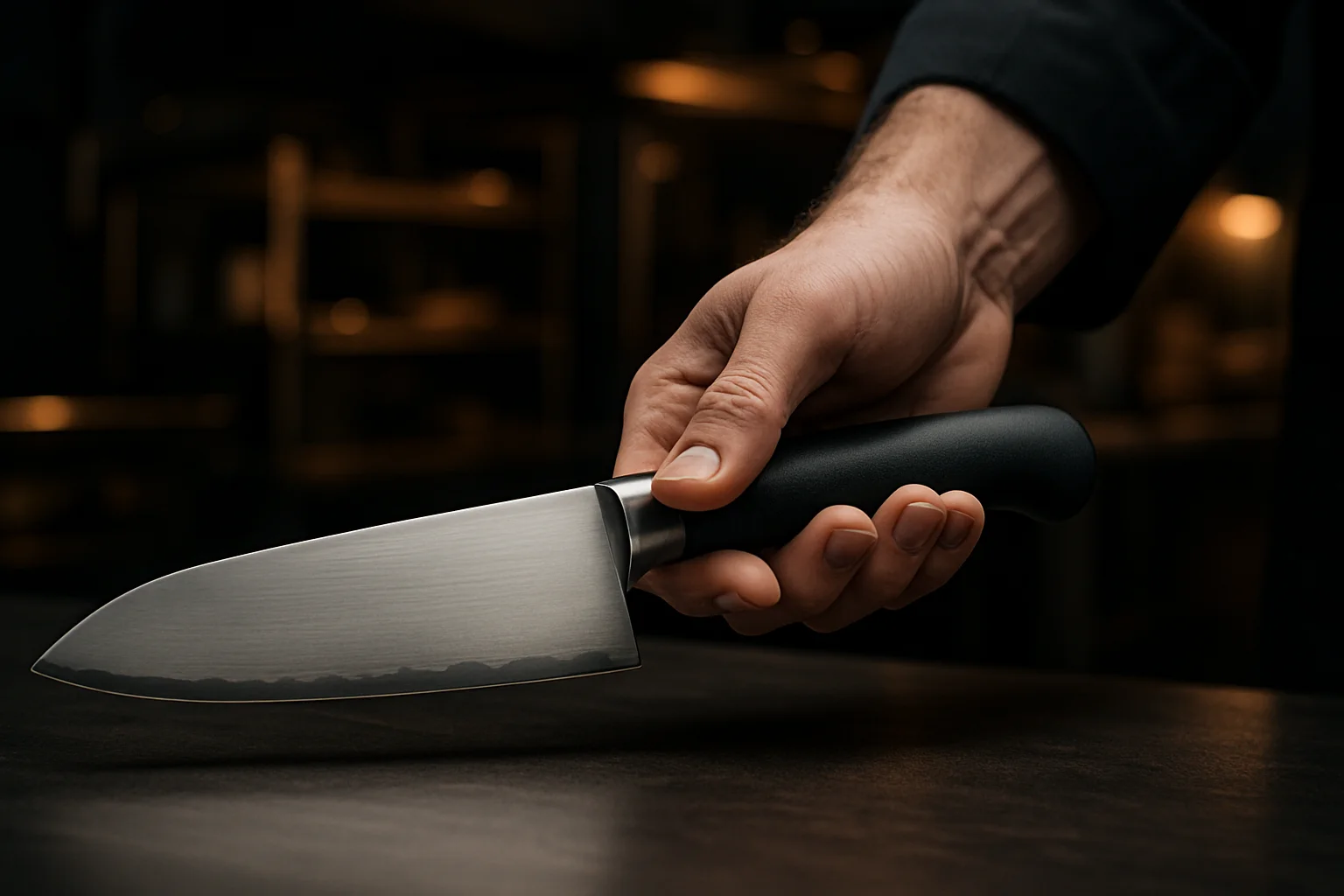 Hand hält Profi-Messer, Fokus auf Griff und Balance