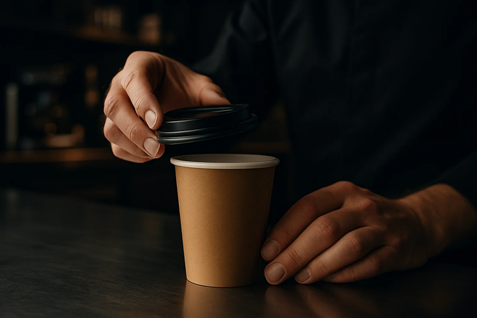 Hand prüft Passform eines Bechendeckels an einem Becher