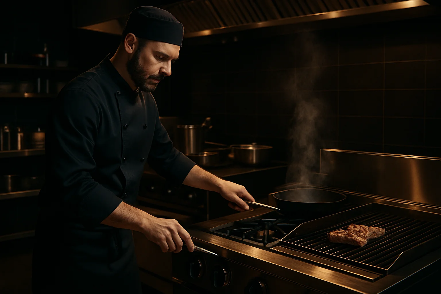Küchenchef bedient Herd und Grill in professioneller Küche