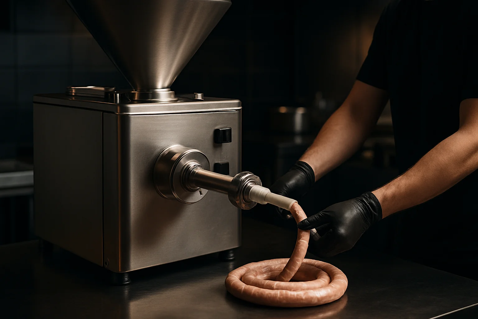 Gewerbliche Wurstfüllmaschine aus Edelstahl in Nutzung zum Befüllen von Därmen