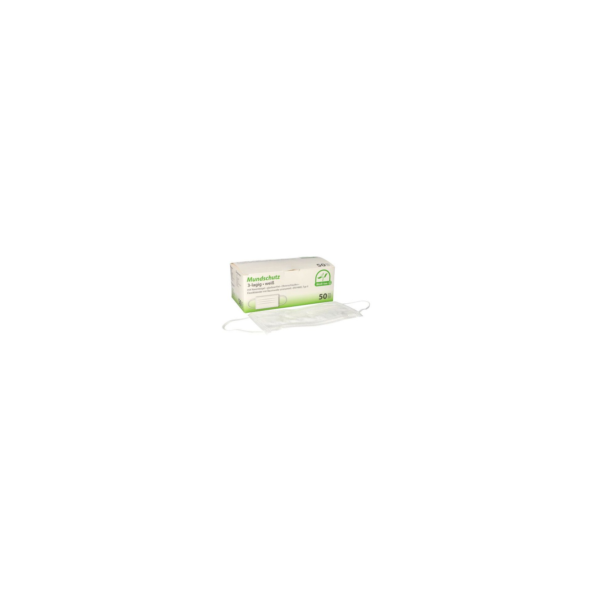"Medi-Inn" Mundschutz Type II 3-lagig 9 cm x 17,5 cm weiss mit Nasenbügel "Medi-Inn" Mundschutz Type II 3-lagig 9 cm x 17,5 cm weiss mit Nasenbügel
