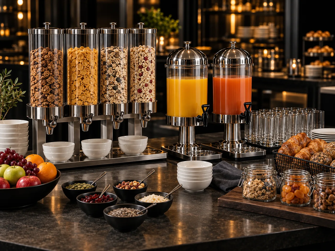 Cerealienspender und Saftspender für ein professionelles Frühstücksbuffet im Hotel