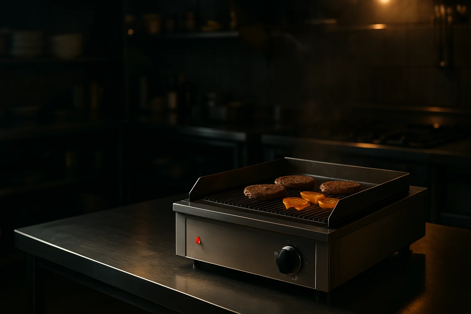 Grillplatte in professioneller Gastronomieküche, Produkt mittig-rechts dargestellt