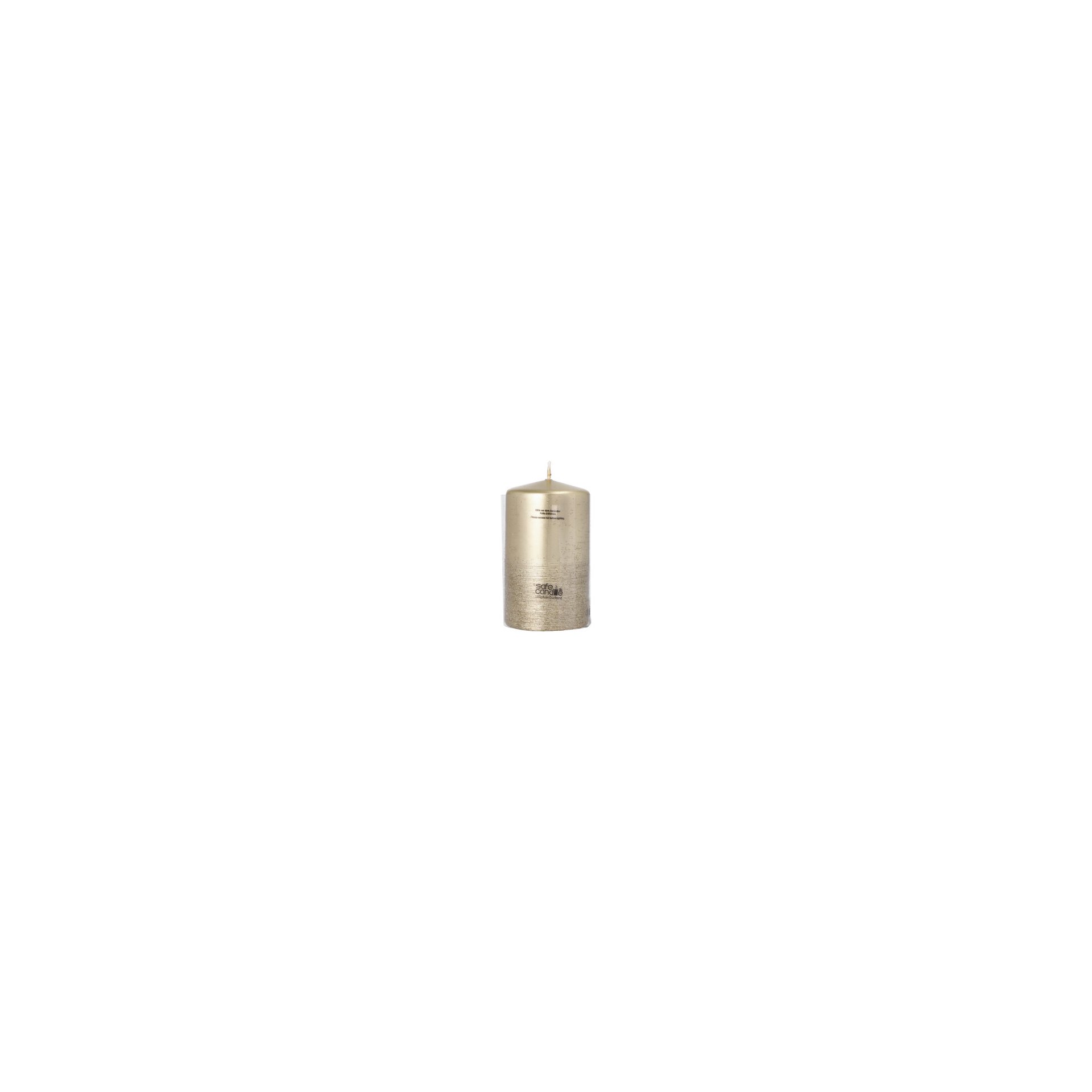 Stumpenkerze "Safe Candle" Ø 60 mm · 100 mm gold "Fia" einzeln cellophaniert Stumpenkerze "Safe Candle" Ø 60 mm · 100 mm gold "Fia" einzeln cellophaniert