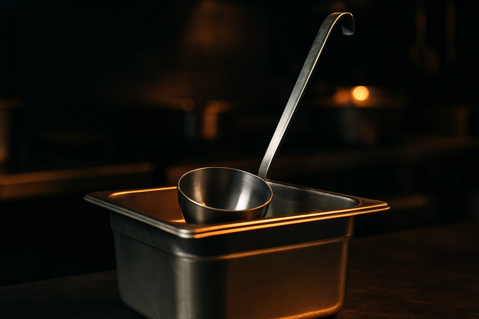 Große Edelstahlkelle beim Schöpfen in einer Profi-Küche