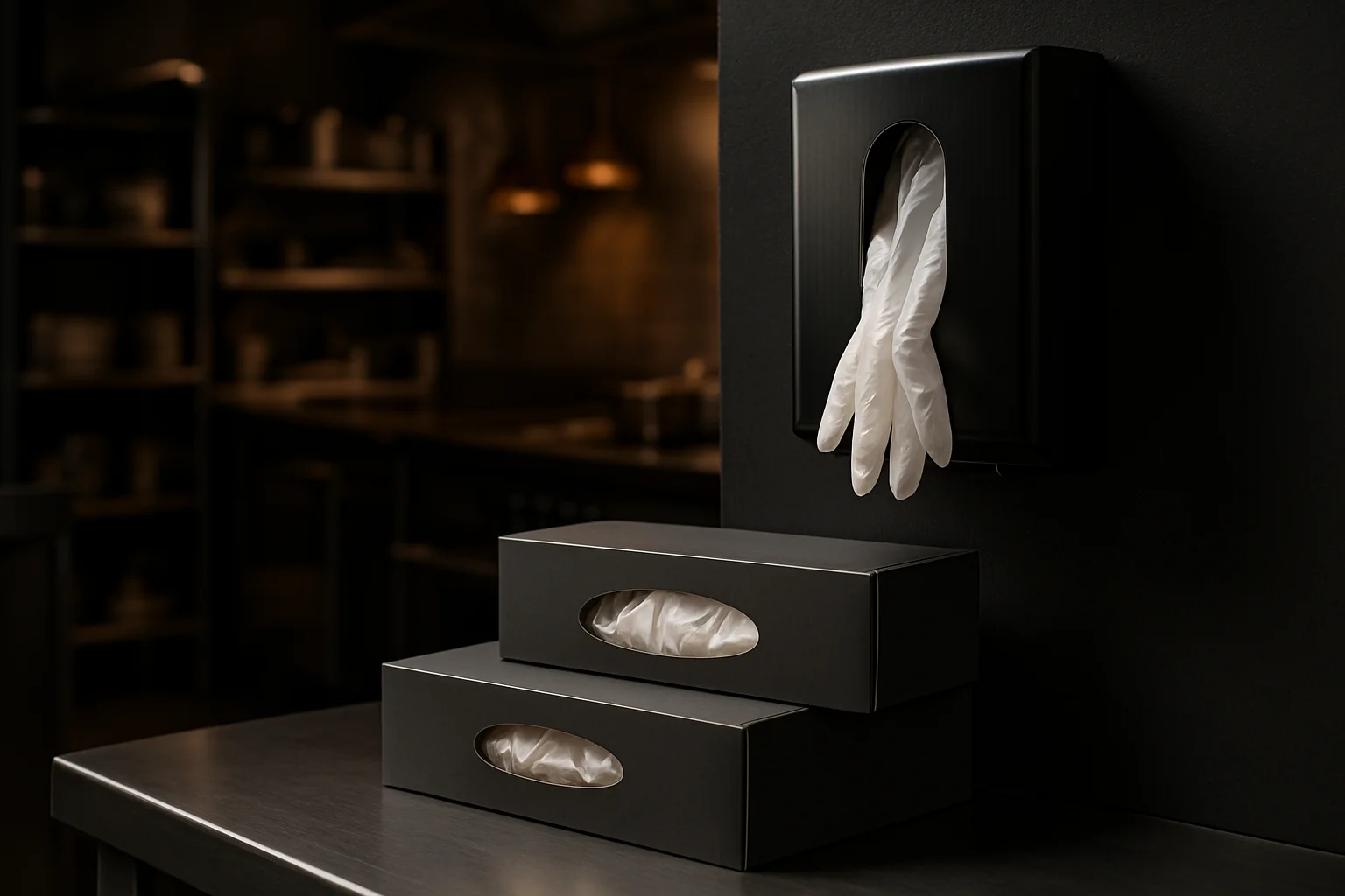 Handschuhpackungen neben Wandspender in Gastronomieumgebung