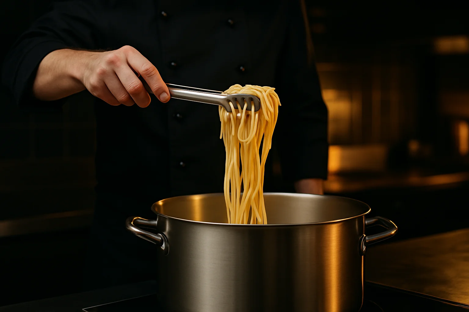 Pastazange beim Portionieren von Spaghetti in Profi-Küche