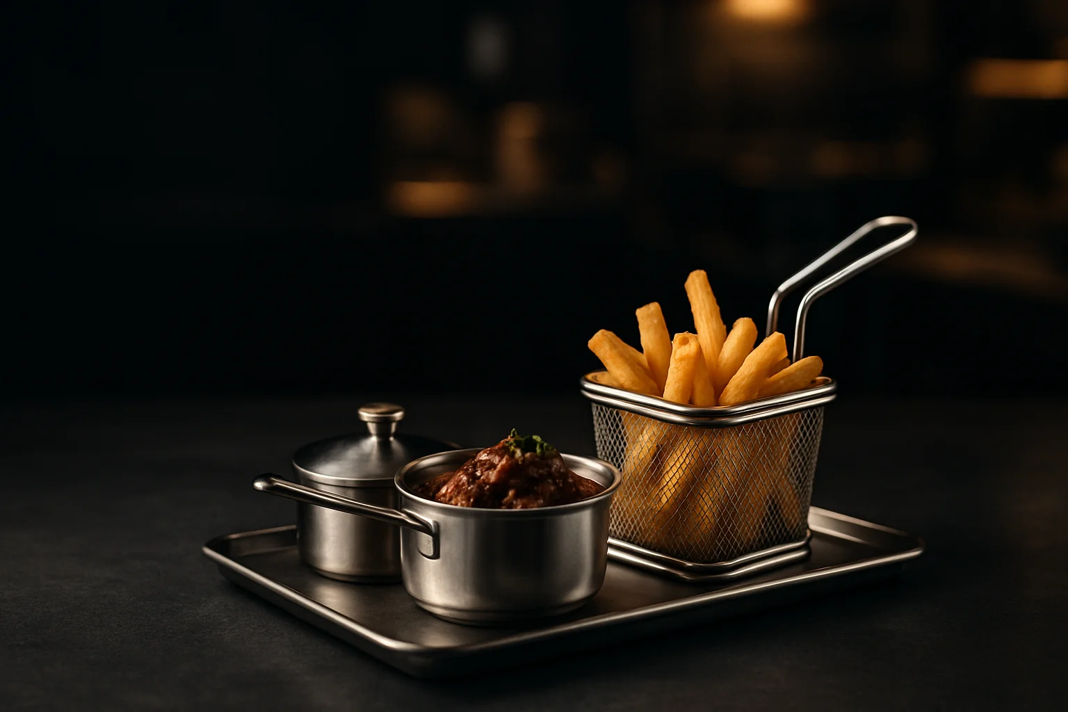 Mini-Servierkasserolle und Mini-Frittierkorb auf Serviertablett in professioneller Küche