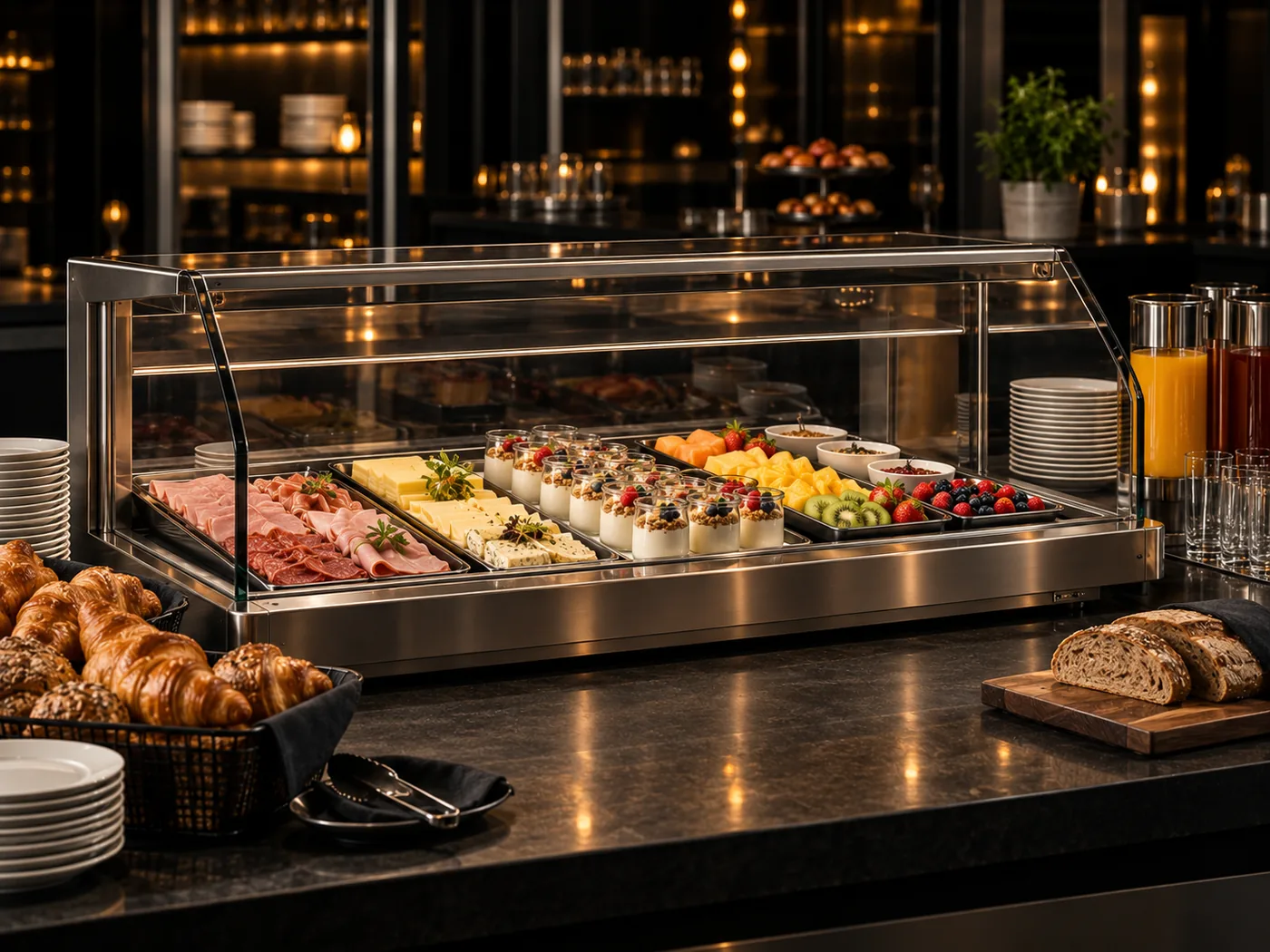 Kalte Speisen in einer professionellen Buffetvitrine für Hotel und Gastronomie