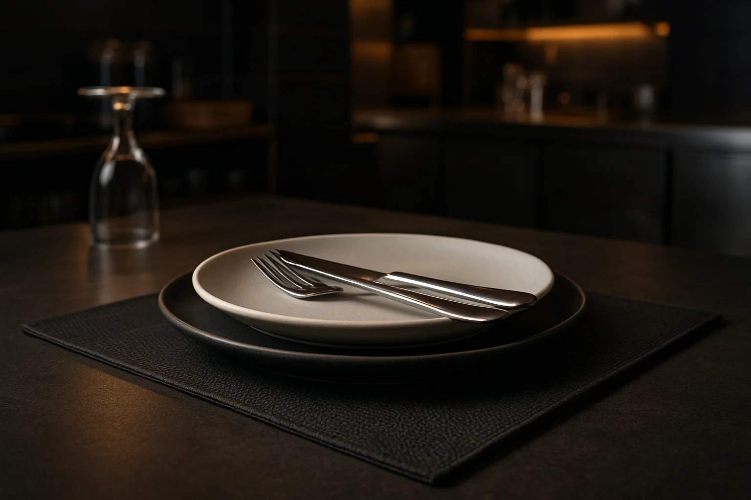 Platzset aus robustem Material unter Teller auf Tisch