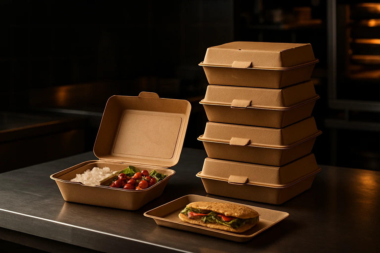 Stapelbare Menüboxen, offene Lunchbox und Menü-Tray auf Arbeitsfläche in Gastronomieküche
