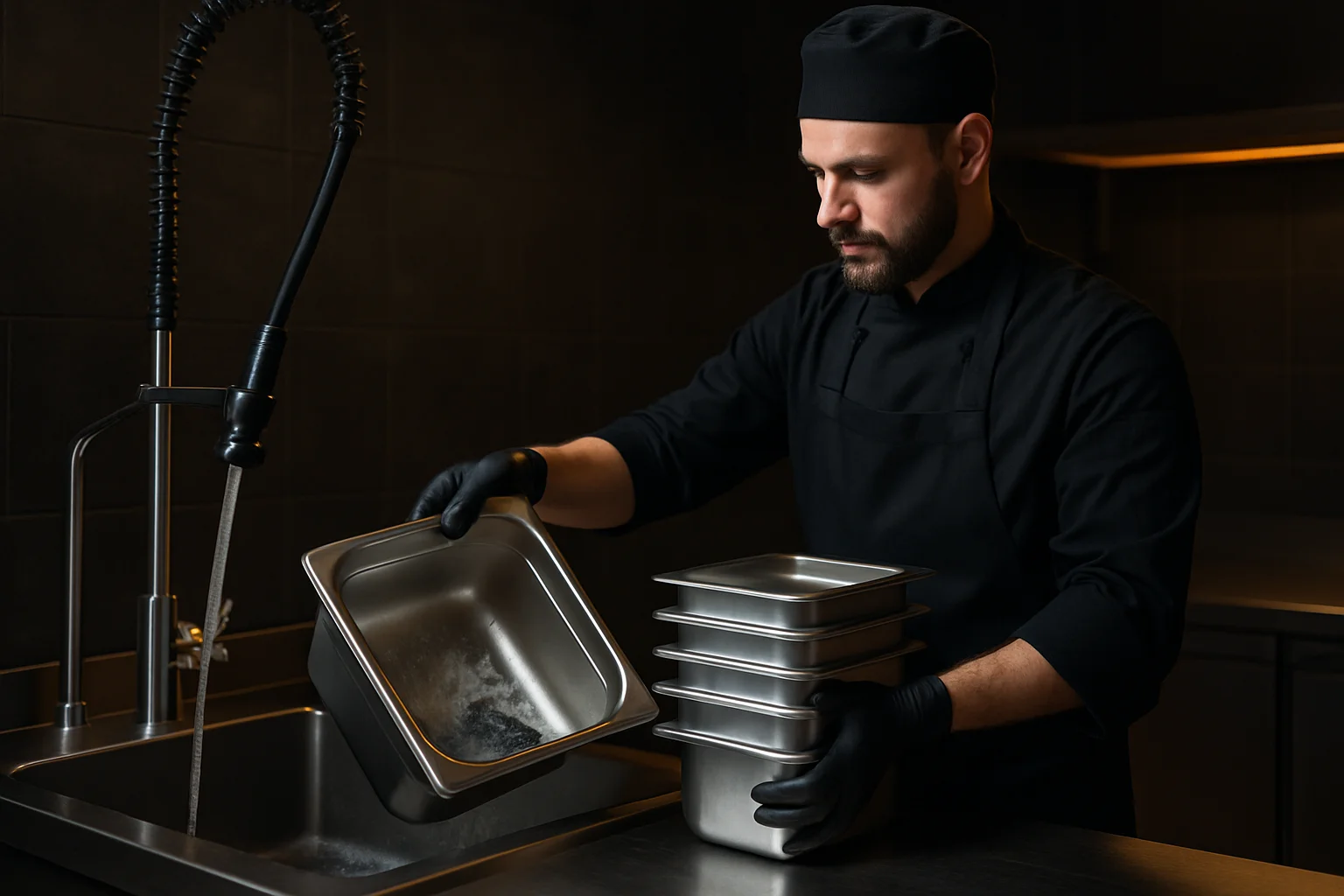 Personal reinigt und stapelt GN‑Behälter in professioneller Küche
