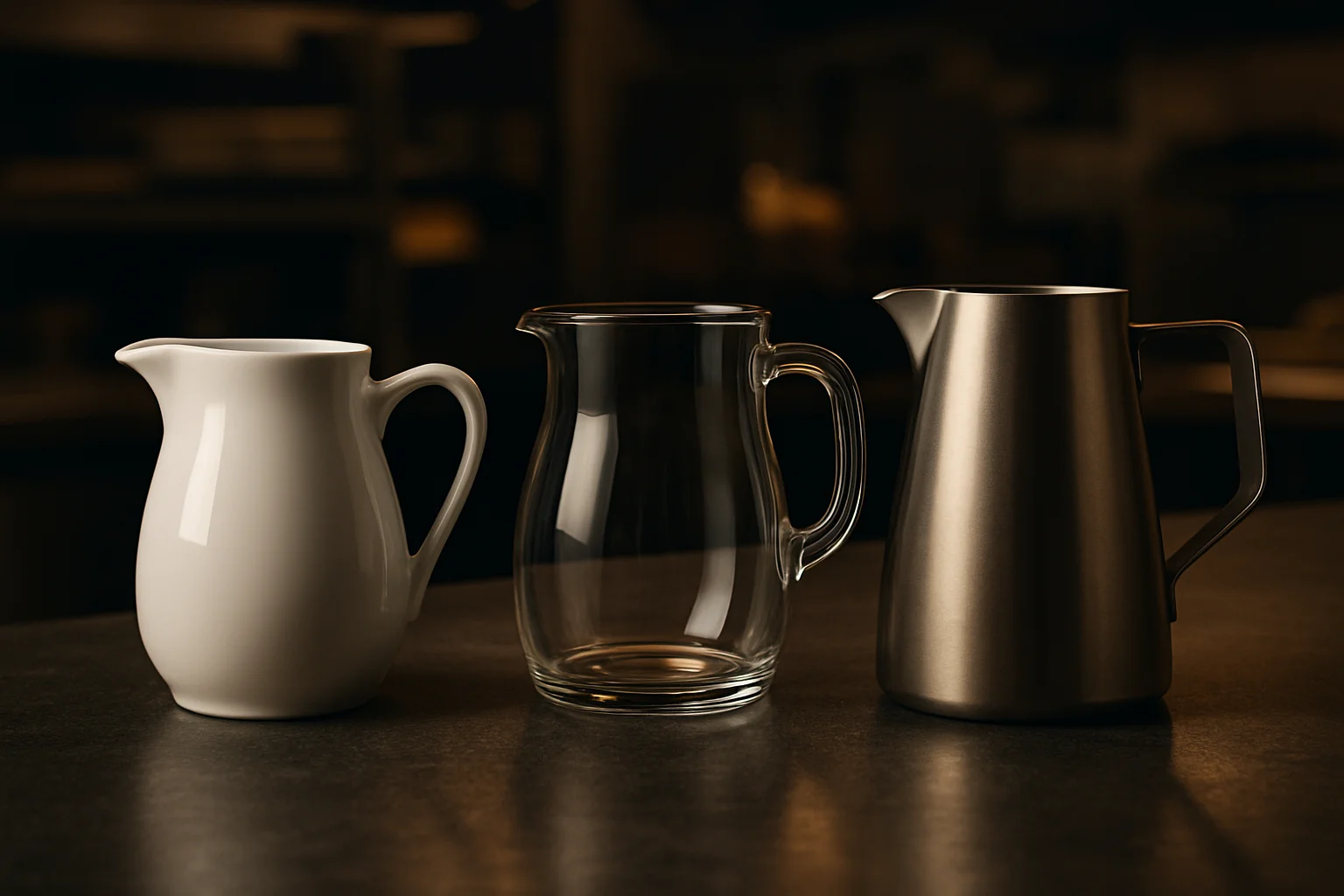 Verschiedene Kannen aus Porzellan, Glas und Metall nebeneinander auf einer Arbeitsfläche