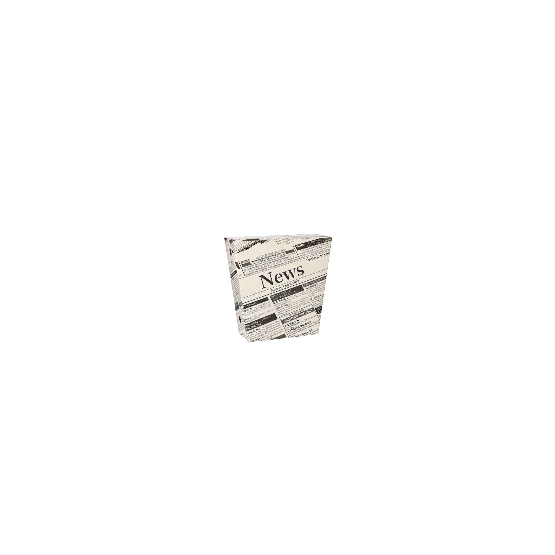 Pommes-Frites-Schütte, Pappe 4,3 cm x 14,5 cm x 11 cm "Newsprint" mit Klappdeckel Pommes-Frites-Schütte, Pappe 4,3 cm x 14,5 cm x 11 cm "Newsprint" mit Klappdeckel