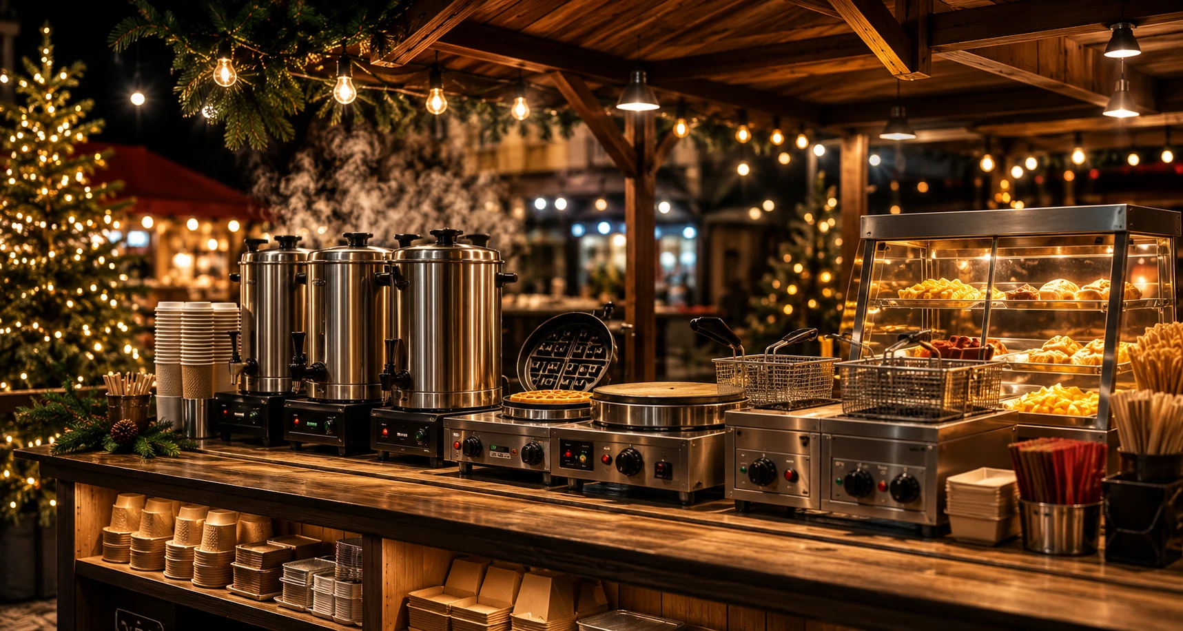 Professioneller Weihnachtsmarktstand mit Gastrogeräten für Heißgetränke, Waffeln, Crêpes, Fritteusen und Warmhaltung
