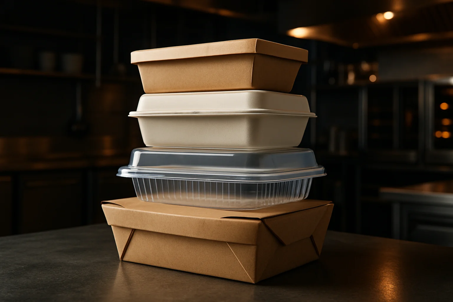 Verschiedene Verpackungsmaterialien für Take-away in einer Gastronomieumgebung