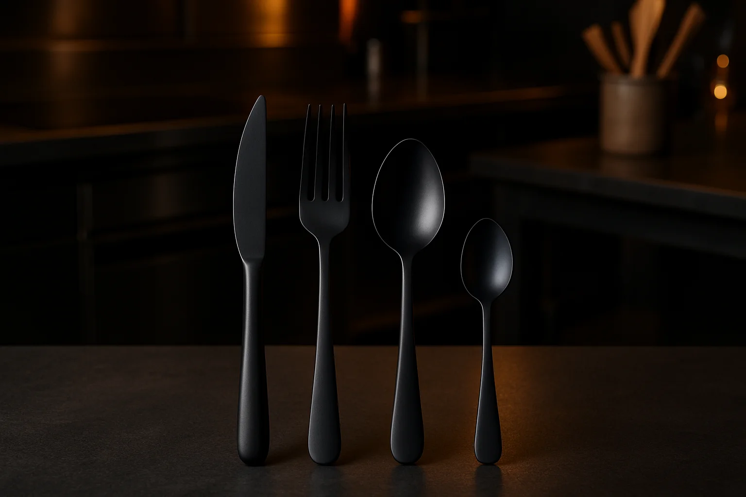 BCN schwarz Besteckset, matt schwarzes Finish
