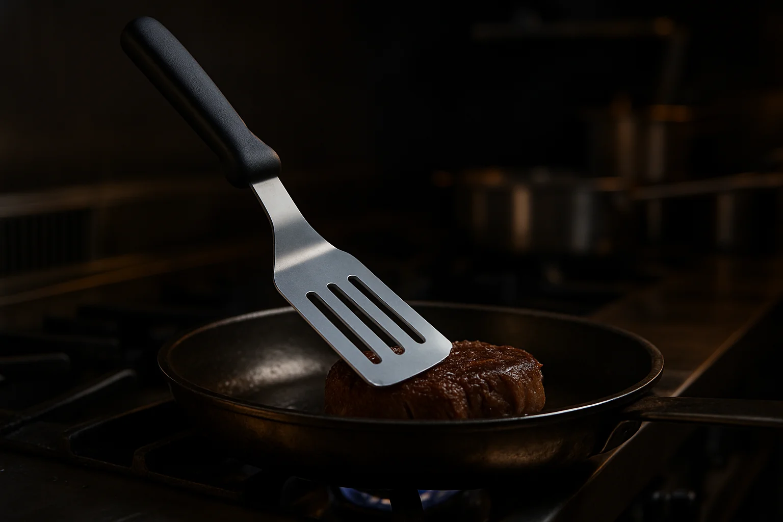 Pfannenwender in professioneller Küche beim Wenden von Braten