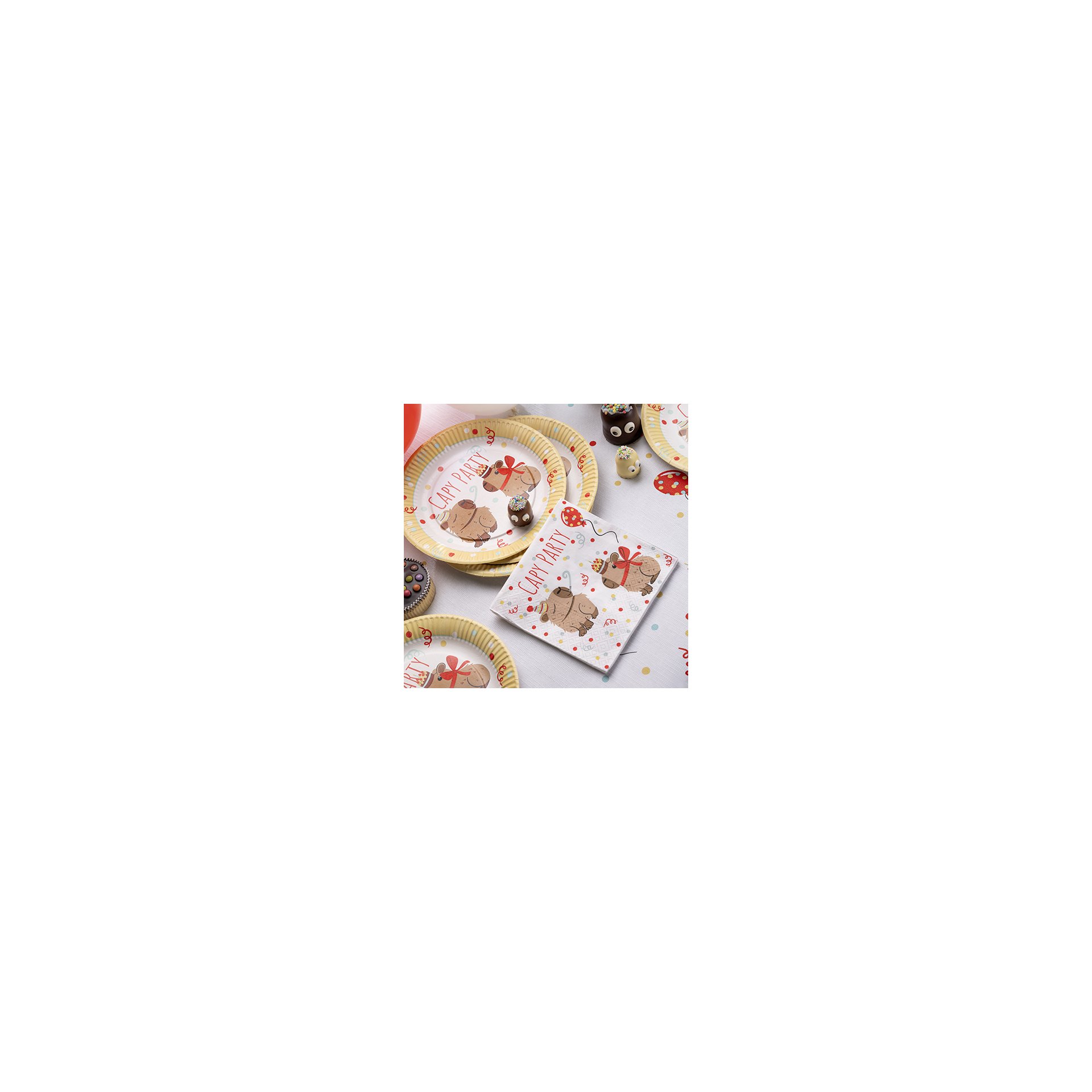 Servietten, 3-lagig 1/4-Falz 33 cm x 33 cm "Capy Party" Teller, Pappe rund Ø 23 cm "Capy Party"