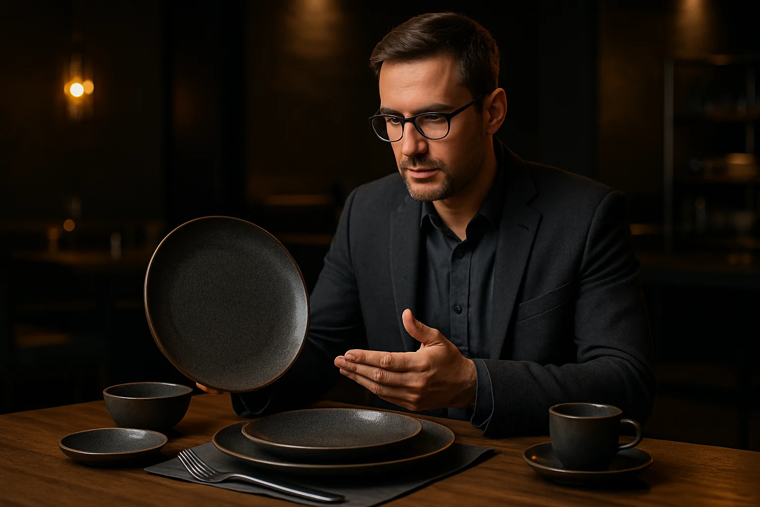 Serviertisch mit abgestimmter Geschirrserie, Blick auf Teller und Arrangement