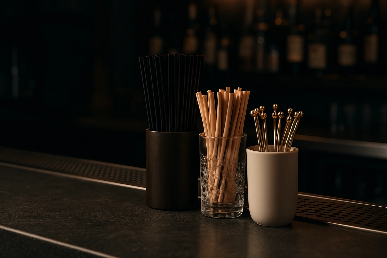 Trinkhalme, Rührstäbchen und Cocktail-Picker auf einer professionellen Bar-Theke