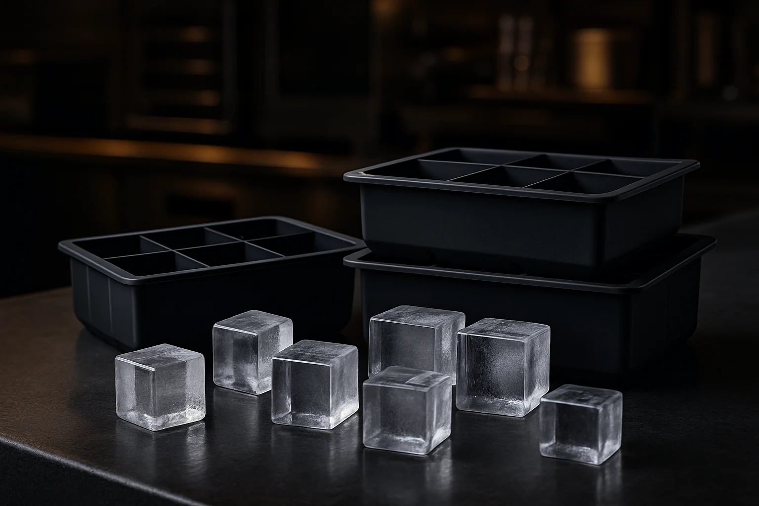 eiswuerfelformen aus silikon mit fertigen eiswuerfeln auf theke