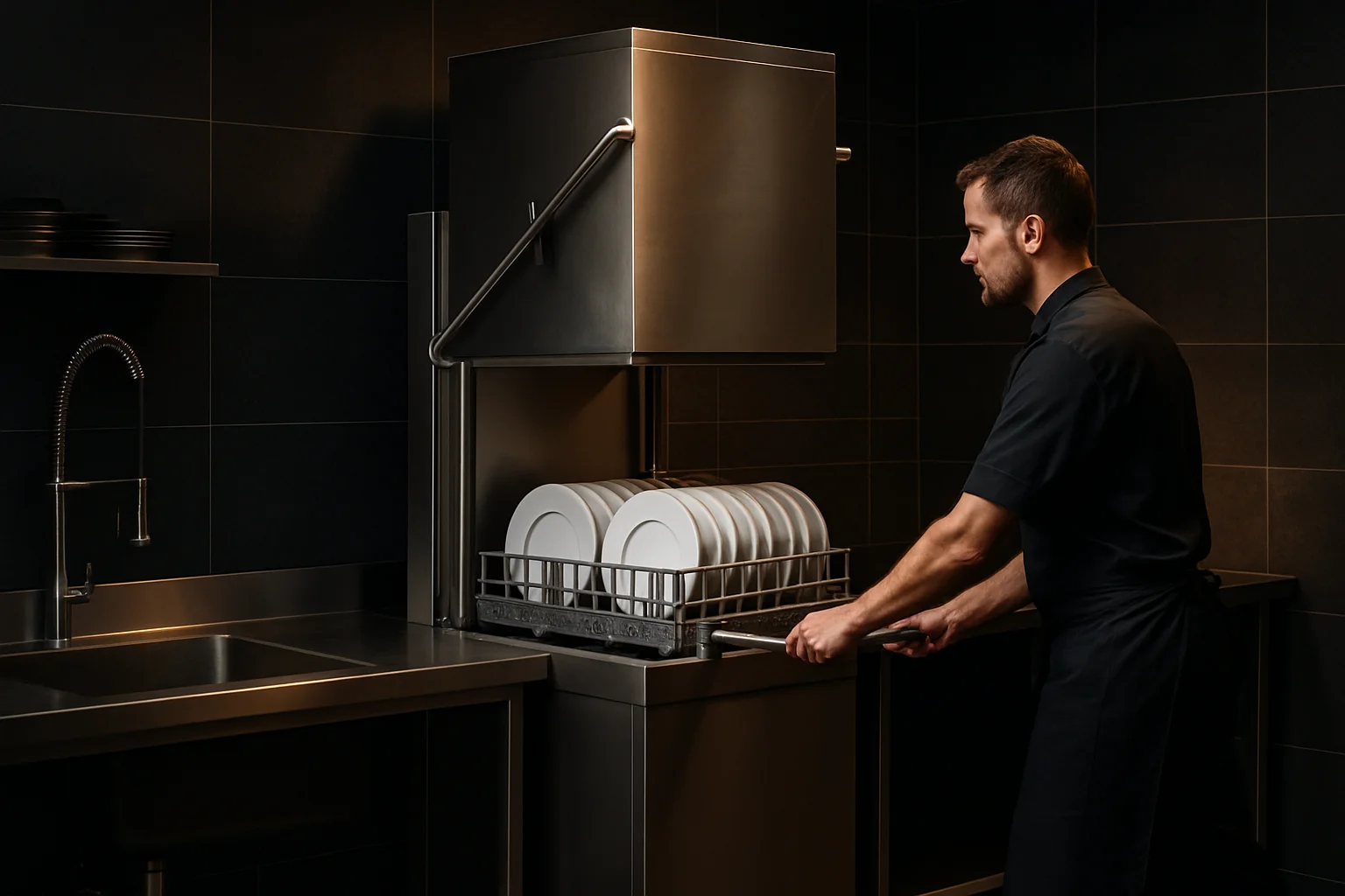Haubenspuelmaschine mit durchgeschobenem spuelgut in grosskueche