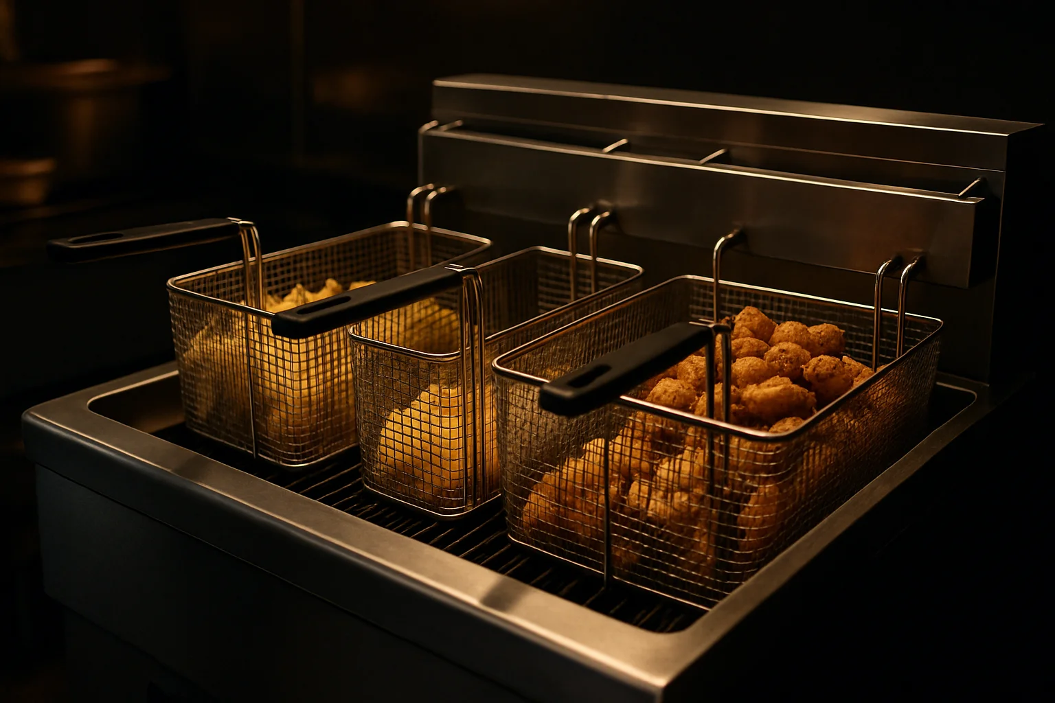 Fritteuse mit mehreren Körben zeigt Korbgrößen und Portionierung