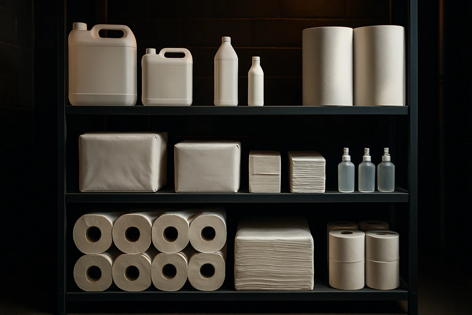 Regal mit unterschiedlichen Packungsgrößen von Hygieneartikeln
