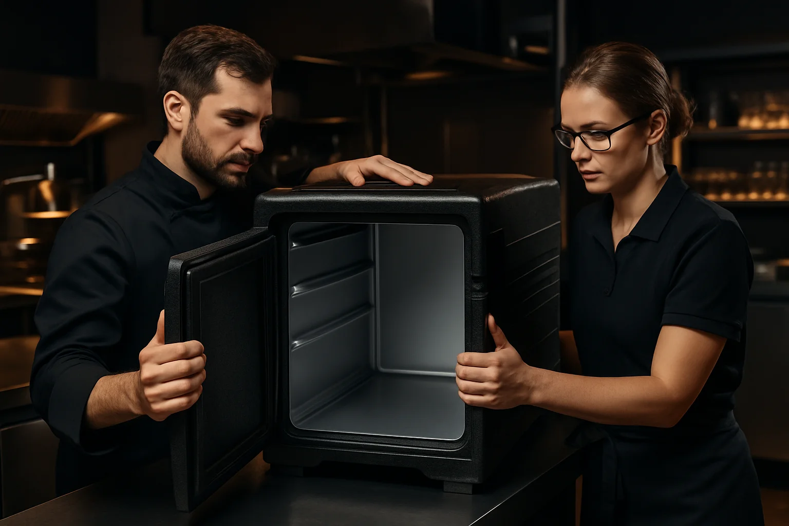 mitarbeitende beim be- und entladen einer transportbox in der kuche