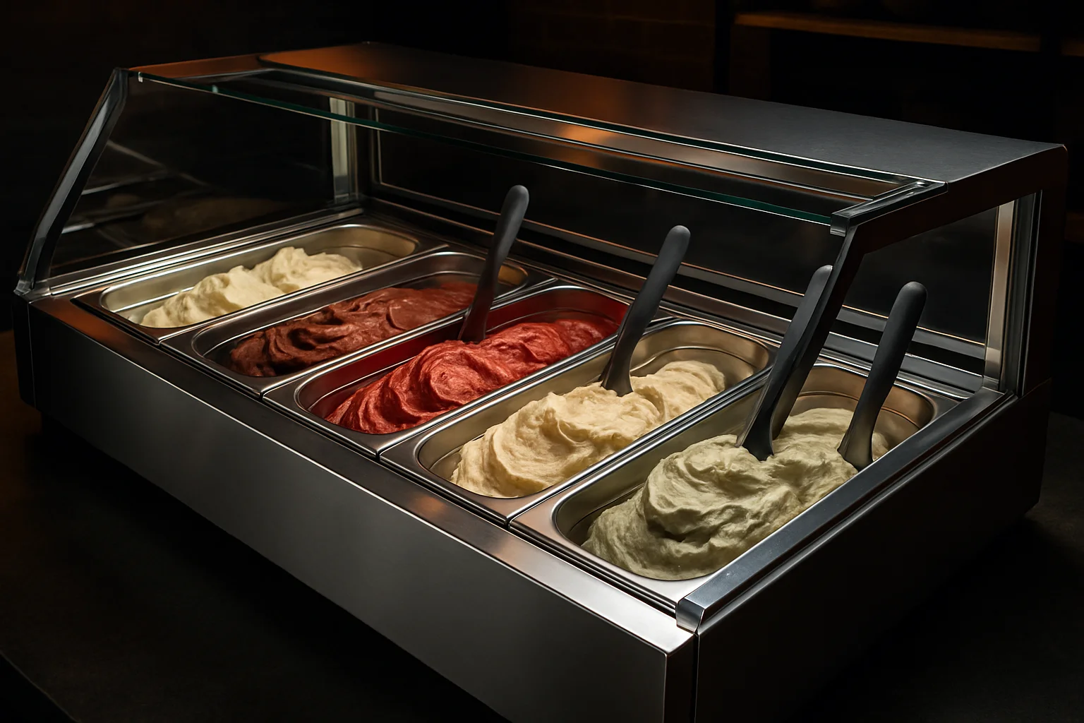 Speiseeisvitrine mit verschiedenen Eissorten in Profi-Umgebung