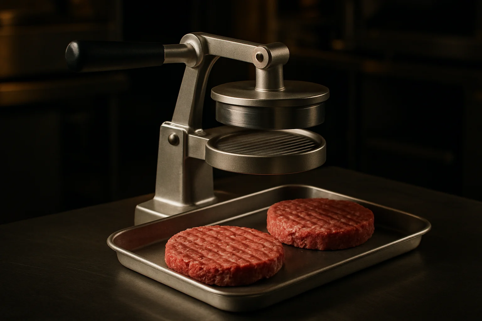 Hamburgerpresse mit geformten Burger Patties auf Edelstahllplatte in Profi Kuche
