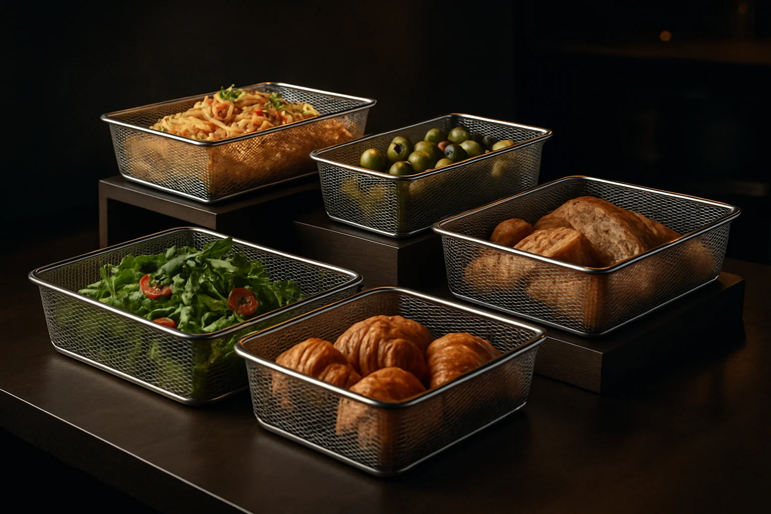 Kombination verschiedener GN-Körbe auf Buffet zur modularen Präsentation