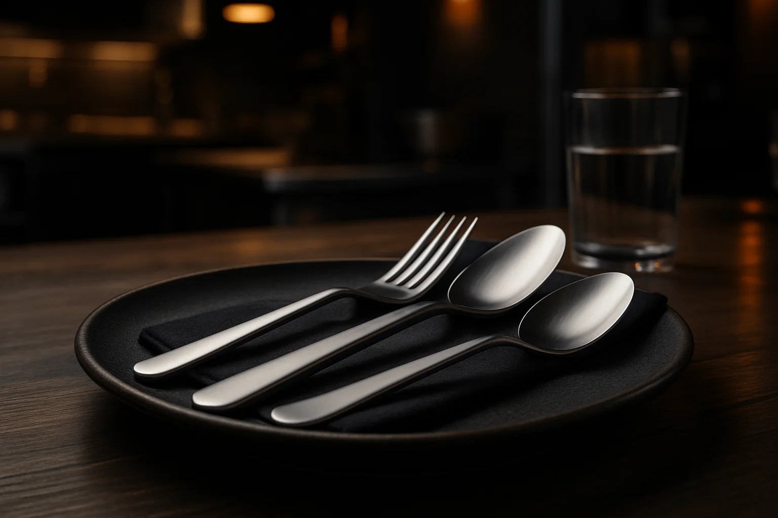 Profesionelles Besteck auf gedecktem Tisch in einer Gastronomieumgebung