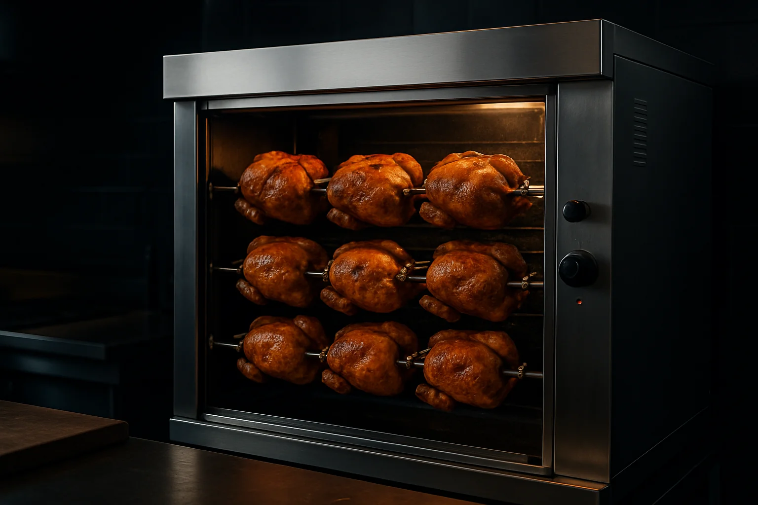 Hähnchengrill (Rotisserie) mit drehenden Hähnchen in einer gewerblichen Küche