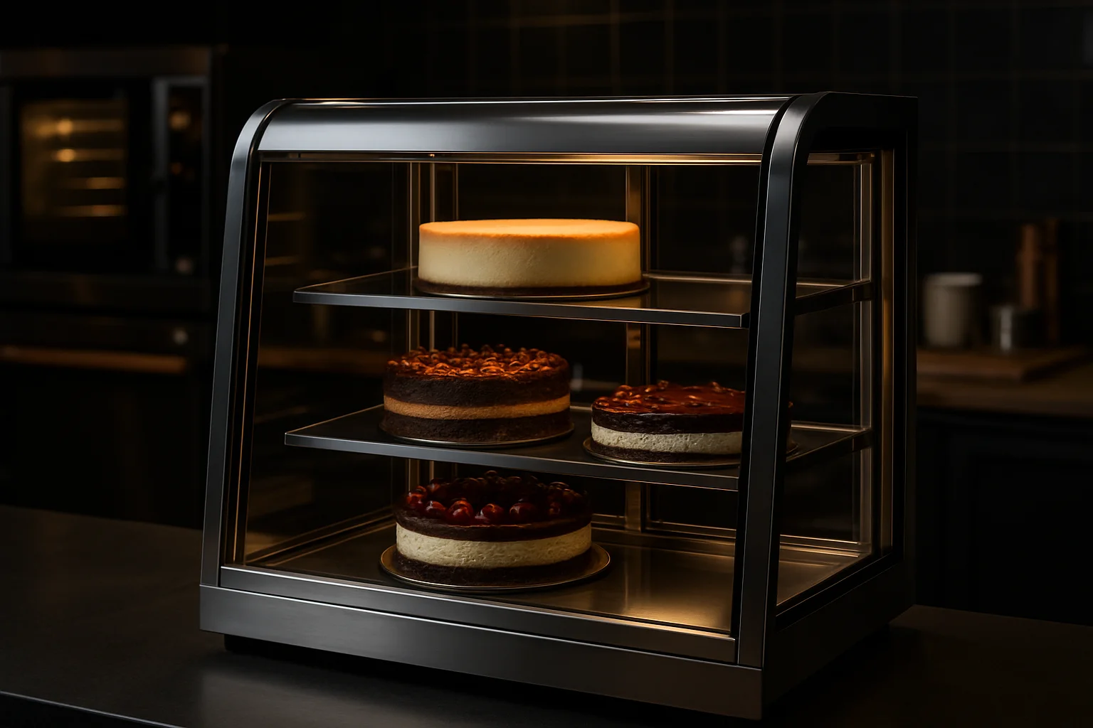 Kuchenvitrine mit ausgestellten Torten und Gebäck in Profi-Setting