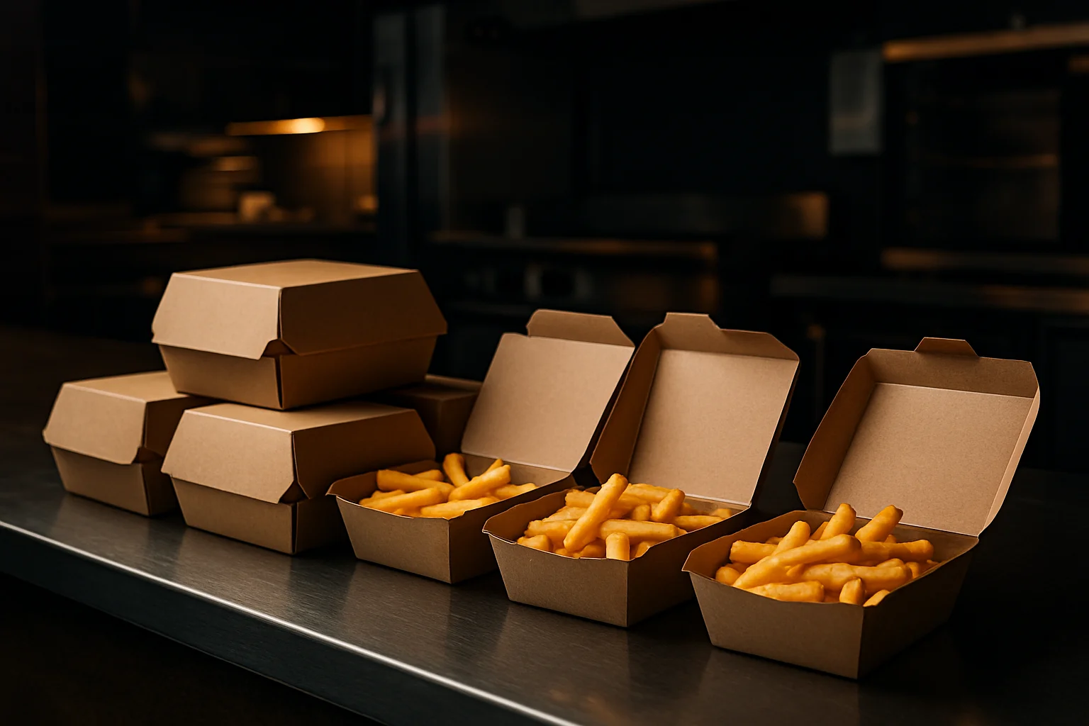Gestapelte Burgerboxen und offene Pommesboxen in Gastro-Umgebung