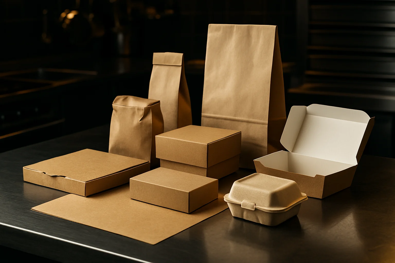 Auswahl von Papier- und Kartonverpackungen nebeneinander