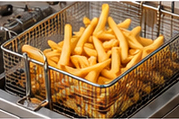 Fritteuse mit Pommes und Pommestüten für Pommesstand auf Straßenfest oder Vereinsfest