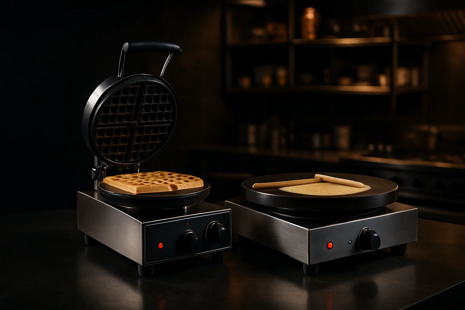 Waffeleisen und Crêpesgerät in einer professionellen Gastronomieküche