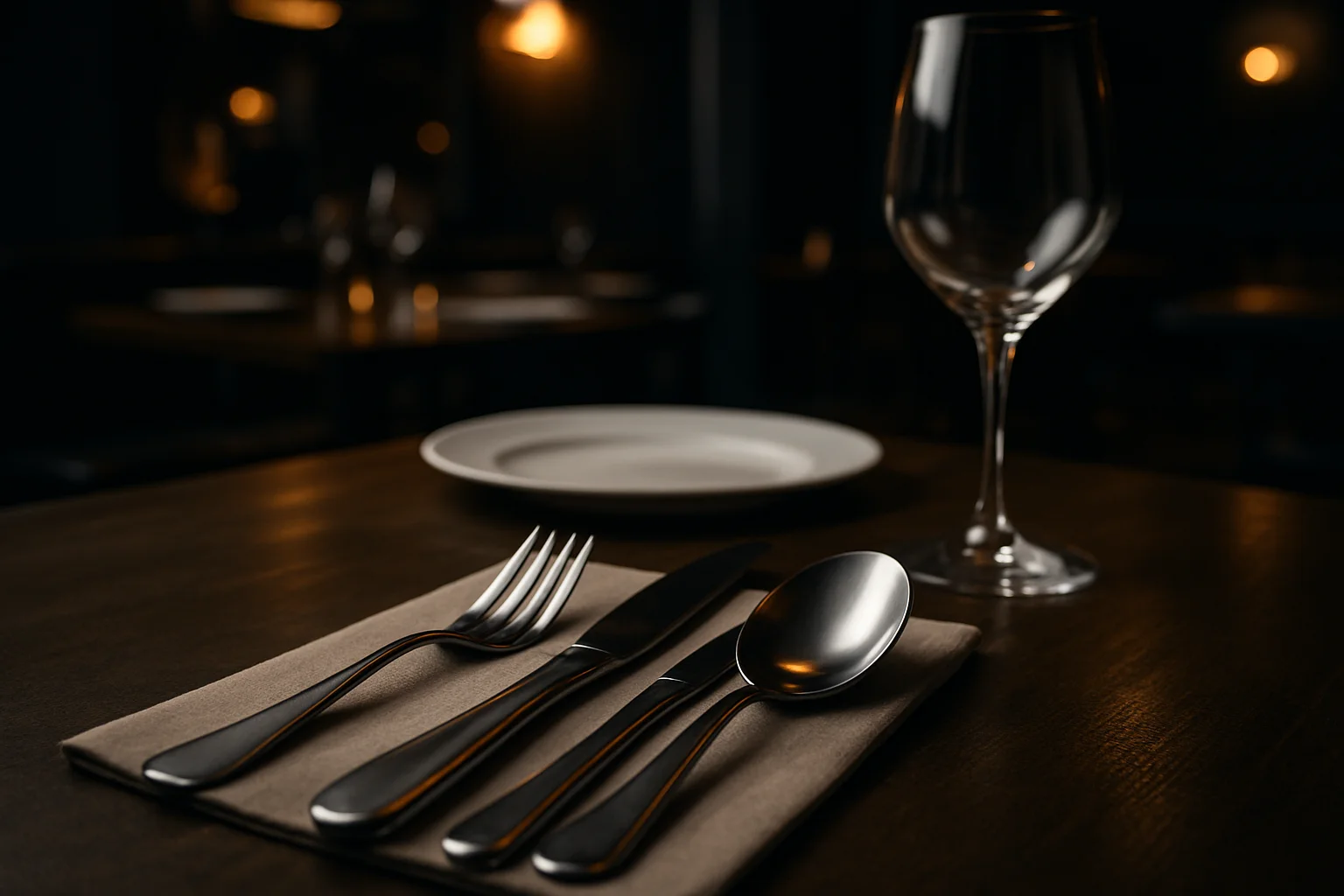 Vollständiges Besteckset für Restaurantservice auf dunklem B2B-Hintergrund