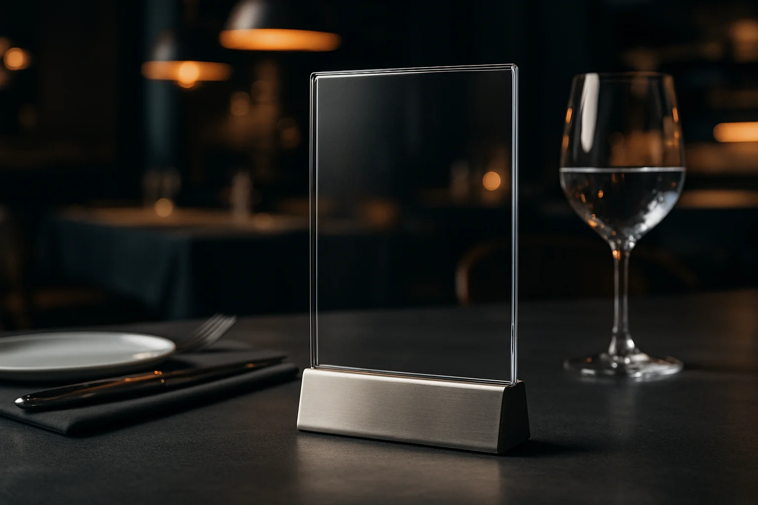 Tischaufsteller mit Menükarte auf professionell gedecktem Restauranttisch
