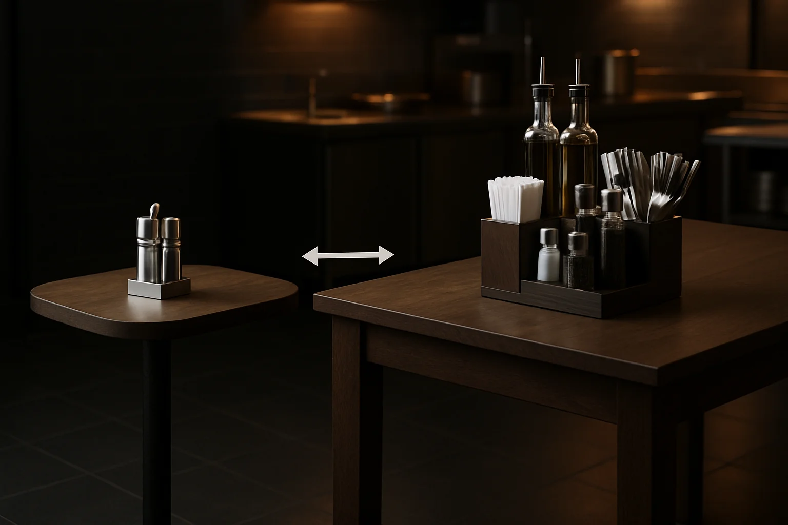 Kleiner Bistrotisch mit kompakter Menage neben großem Tafeltisch