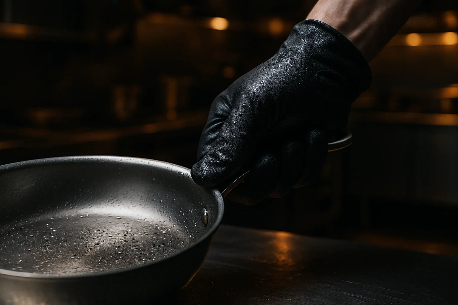 Mit Handschuh geschützte Hand greift nassen Edelstahltopf in professioneller Küche