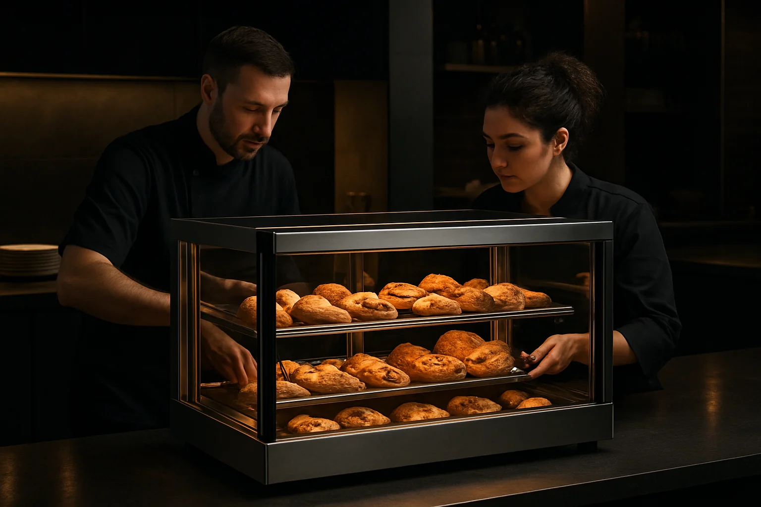 Personal bedient Vitrine von der Rückseite in Thekenumgebung